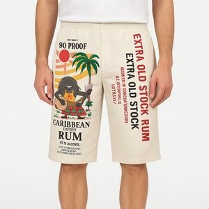 Caribbean Rum Graphic Bermuda Shorts with Pockets Mens OneSize Oversized NEW